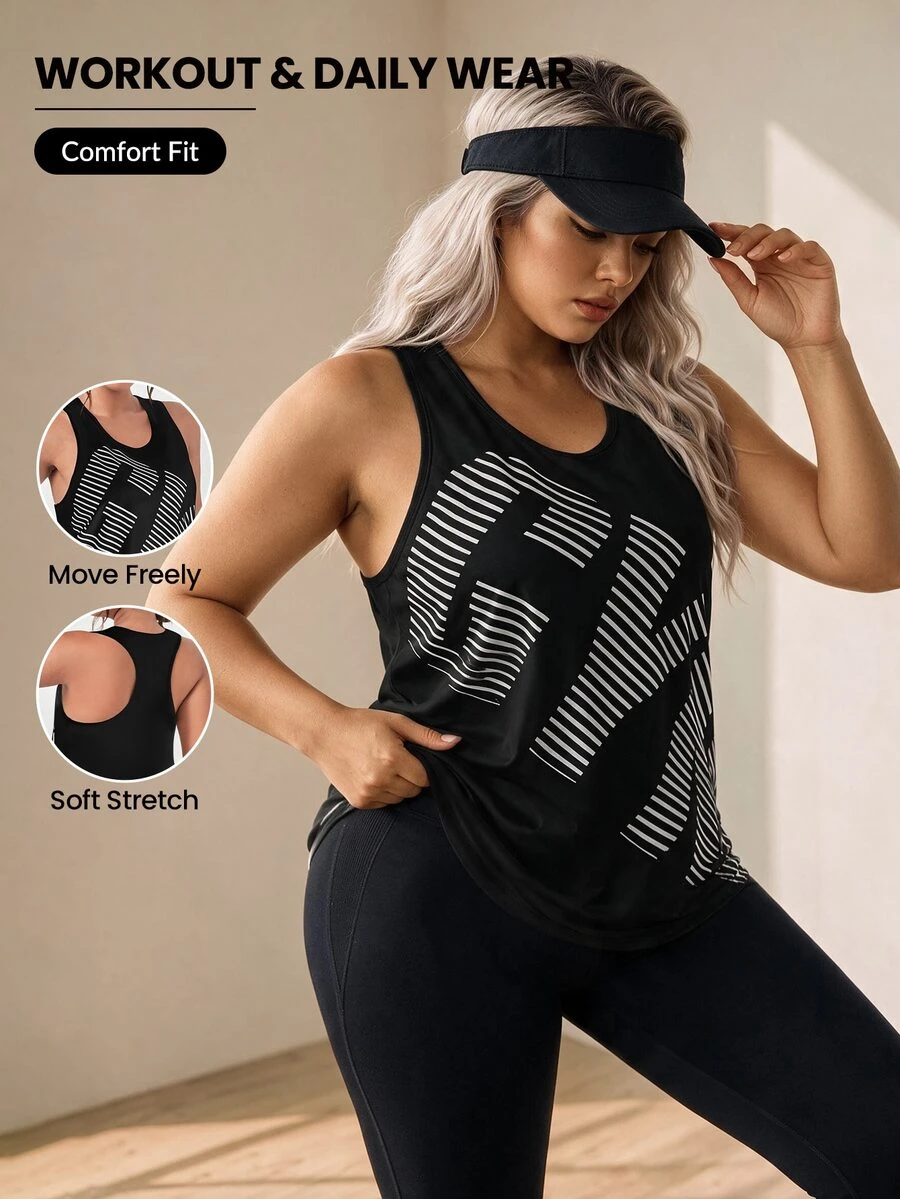 SHEIN Rhythm Era Plus Letter & Striped Print Sports Tank Top - Black - View 1