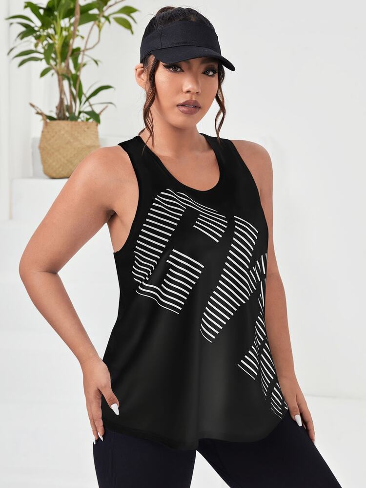 SHEIN Rhythm Era 大碼字母和條紋圖案運動背心 - 黑色 - 查看 5