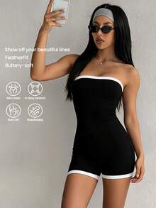 StreetHx Women's Seamless Black Bandeau Sports Jumpsuit Short - Black and White - View 1