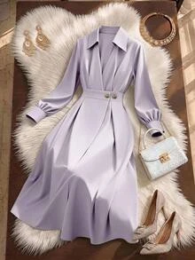 Formidée Plus Size Dusty Purple Long Dress Elegant Shirtdress With Collar Long Sleeves And Pleated Details Fall - Dusty Purple - View 3