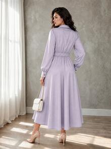 Formidée Plus Size Dusty Purple Long Dress Elegant Shirtdress With Collar Long Sleeves And Pleated Details Fall - Dusty Purple - View 5