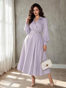 Formidée Plus Size Dusty Purple Long Dress Elegant Shirtdress With Collar Long Sleeves And Pleated Details Fall - Dusty Purple - View 2