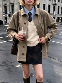 Struktiv Going Out Tops For Women, Collared Workwear Jacket, Long Sleeve Frog Button Loose Coat With Big Pockets, Street Look, Spring Autumn Olive Green - Khaki - View 5
