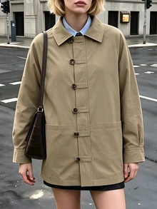 Struktiv Going Out Tops For Women, Collared Workwear Jacket, Long Sleeve Frog Button Loose Coat With Big Pockets, Street Look, Spring Autumn Olive Green - Khaki - View 1