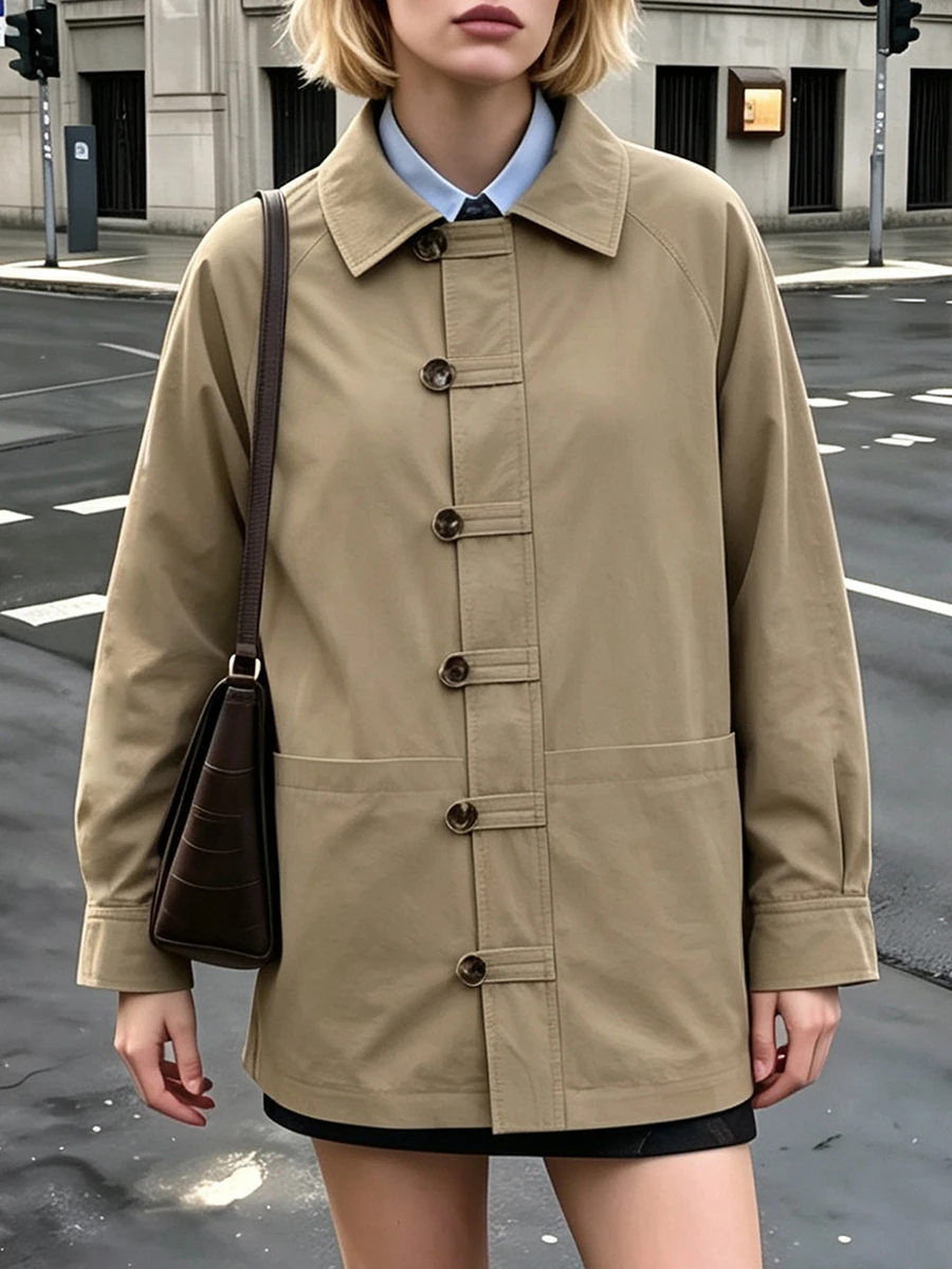 Struktiv Going Out Tops For Women, Collared Workwear Jacket, Long Sleeve Frog Button Loose Coat With Big Pockets, Street Look, Spring Autumn Olive Green - Khaki - View 1
