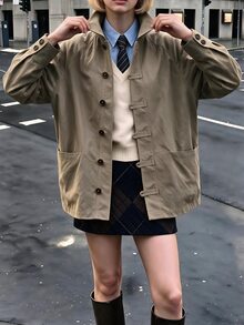 Struktiv Going Out Tops For Women, Collared Workwear Jacket, Long Sleeve Frog Button Loose Coat With Big Pockets, Street Look, Spring Autumn Olive Green - Khaki - View 3