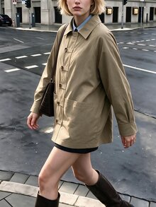 Struktiv Going Out Tops For Women, Collared Workwear Jacket, Long Sleeve Frog Button Loose Coat With Big Pockets, Street Look, Spring Autumn Olive Green - Khaki - View 4
