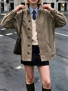Struktiv Going Out Tops For Women, Collared Workwear Jacket, Long Sleeve Frog Button Loose Coat With Big Pockets, Street Look, Spring Autumn Olive Green - Khaki - View 8
