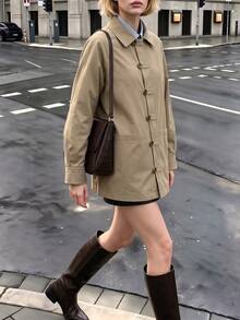 Struktiv Going Out Tops For Women, Collared Workwear Jacket, Long Sleeve Frog Button Loose Coat With Big Pockets, Street Look, Spring Autumn Olive Green - Khaki - View 6