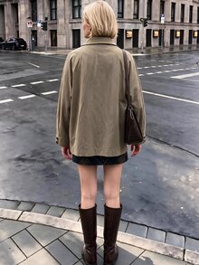Struktiv Going Out Tops For Women, Collared Workwear Jacket, Long Sleeve Frog Button Loose Coat With Big Pockets, Street Look, Spring Autumn Olive Green - Khaki - View 2