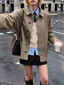 Struktiv Going Out Tops For Women, Collared Workwear Jacket, Long Sleeve Frog Button Loose Coat With Big Pockets, Street Look, Spring Autumn Olive Green - Khaki - View 10