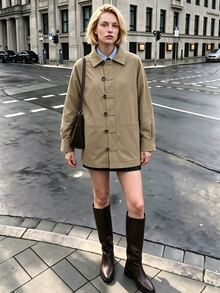 Struktiv Going Out Tops For Women, Collared Workwear Jacket, Long Sleeve Frog Button Loose Coat With Big Pockets, Street Look, Spring Autumn Olive Green - Khaki - View 7