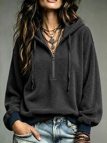 Omancia Women's Solid Color Design Half-Zip Fleece Lamb Wool Sweatshirt, Long Sleeve, Casual Daily Wear, Versatile For Autumn/Winter - Grey - View 4