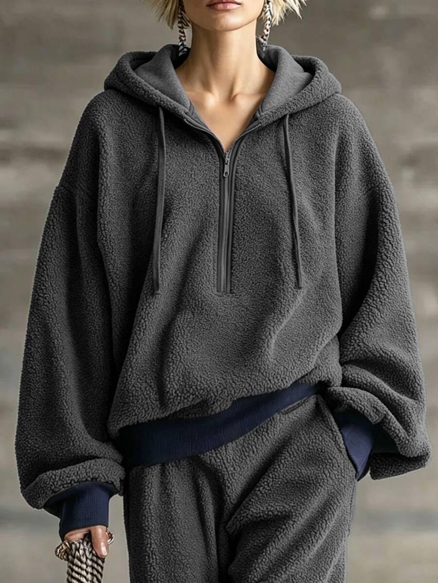 Omancia Women's Solid Color Design Half-Zip Fleece Lamb Wool Sweatshirt, Long Sleeve, Casual Daily Wear, Versatile For Autumn/Winter - Grey - View 1