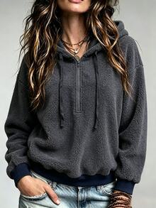 Omancia Women's Solid Color Design Half-Zip Fleece Lamb Wool Sweatshirt, Long Sleeve, Casual Daily Wear, Versatile For Autumn/Winter - Grey - View 6