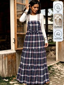SHEIN LilyWest Gaun Maxi Wanita Motif Kotak-kotak Musim Gugur/Dingin Terbaru dengan Tali Bahu - Biru - View 3