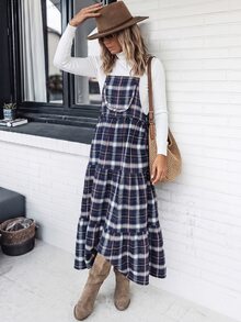 SHEIN LilyWest Gaun Maxi Wanita Motif Kotak-kotak Musim Gugur/Dingin Terbaru dengan Tali Bahu - Biru - View 5