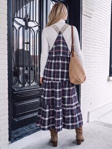 SHEIN LilyWest Gaun Maxi Wanita Motif Kotak-kotak Musim Gugur/Dingin Terbaru dengan Tali Bahu - Biru - View 2