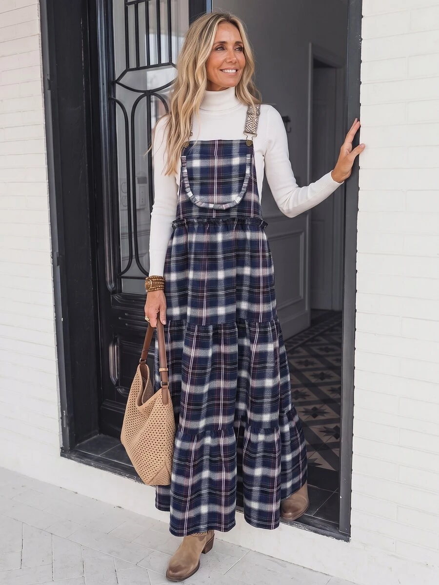 SHEIN LilyWest Gaun Maxi Wanita Motif Kotak-kotak Musim Gugur/Dingin Terbaru dengan Tali Bahu - Biru - View 1