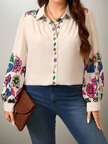 Flouryn Plus Size Front Button Floral Print Long Sleeve Casual Shirt Fall Cloth For Women - Multicolor - View 6
