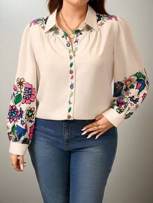 Flouryn Plus Size Front Button Floral Print Long Sleeve Casual Shirt Fall Cloth For Women - Multicolor - View 4