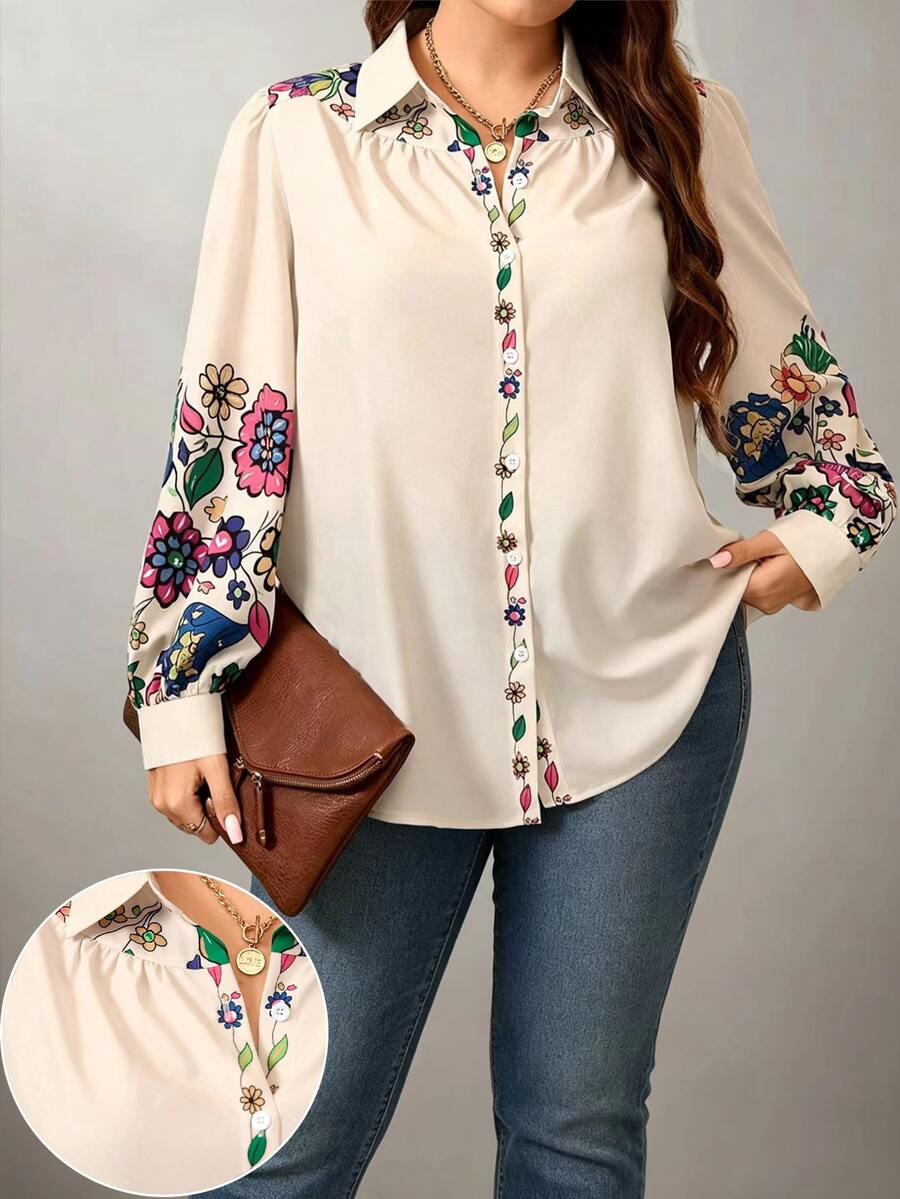 Flouryn Plus Size Front Button Floral Print Long Sleeve Casual Shirt Fall Cloth For Women - Multicolor - View 1