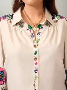 Flouryn Plus Size Front Button Floral Print Long Sleeve Casual Shirt Fall Cloth For Women - Multicolor - View 5