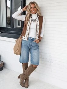 SHEIN LilyWest Jaket Rompi Wanita Musim Gugur/Dingin dengan Hiasan Renda - Coffee Brown - View 6