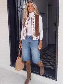 SHEIN LilyWest Jaket Rompi Wanita Musim Gugur/Dingin dengan Hiasan Renda - Coffee Brown - View 1