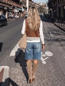 SHEIN LilyWest Jaket Rompi Wanita Musim Gugur/Dingin dengan Hiasan Renda - Coffee Brown - View 2