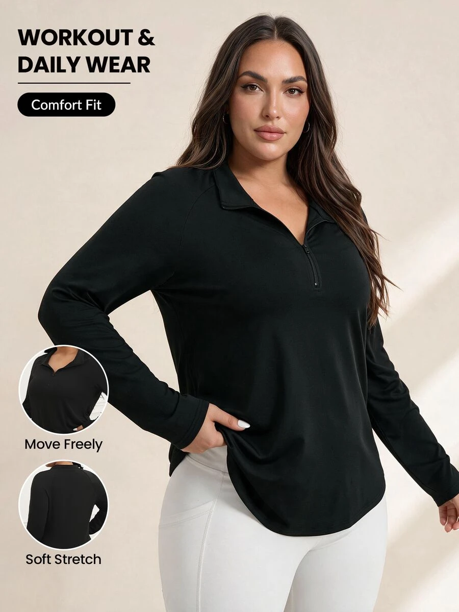 SHEIN Rhythm Era Plus Size Half Zipper Long Sleeve Sports T-Shirt Fall - Black - View 1