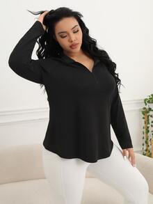 SHEIN Rhythm Era Plus Size Half Zipper Long Sleeve Sports T-Shirt Fall - Black - View 7