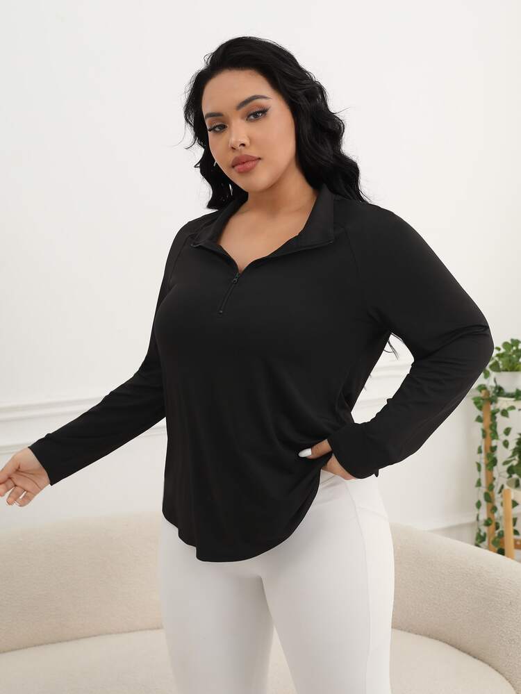 SHEIN Rhythm Era Plus Size Half Zipper Long Sleeve Sports T-Shirt Fall - Black - View 6
