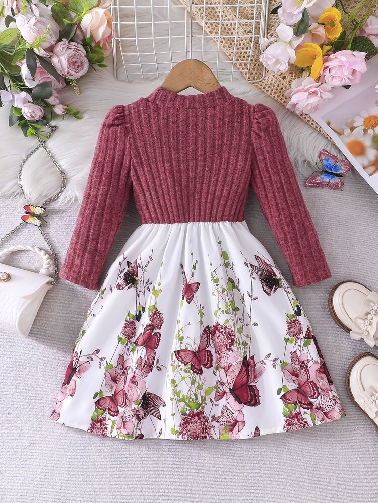 Elladie kids Young Girl Floral Knitted Ruffled Dress With Puff Sleeves, Elegant Fairy Flower Print Patchwork Princess Long Dress, Autumn/Winter Collection White - Burgundy - View 2
