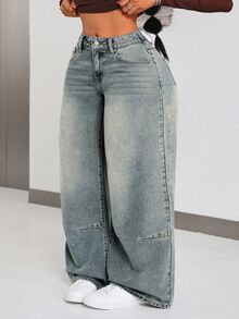 Jeanoix Plus Size Women's Casual Daily Outing Denim Jeans With Pockets And Buttons - Blue - View 1