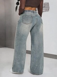 Jeanoix Plus Size Women's Casual Daily Outing Denim Jeans With Pockets And Buttons - Blue - View 2