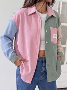 SHEIN EZwear Plus Size Colorblock Long Sleeve Pocket Denim Patch-Down Shirt Fall - Multicolor - View 5