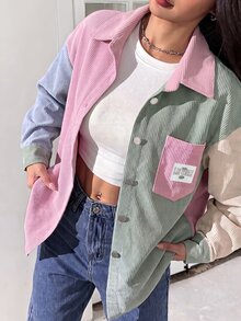 SHEIN EZwear Plus Size Colorblock Long Sleeve Pocket Denim Patch-Down Shirt Fall - Multicolor - View 1