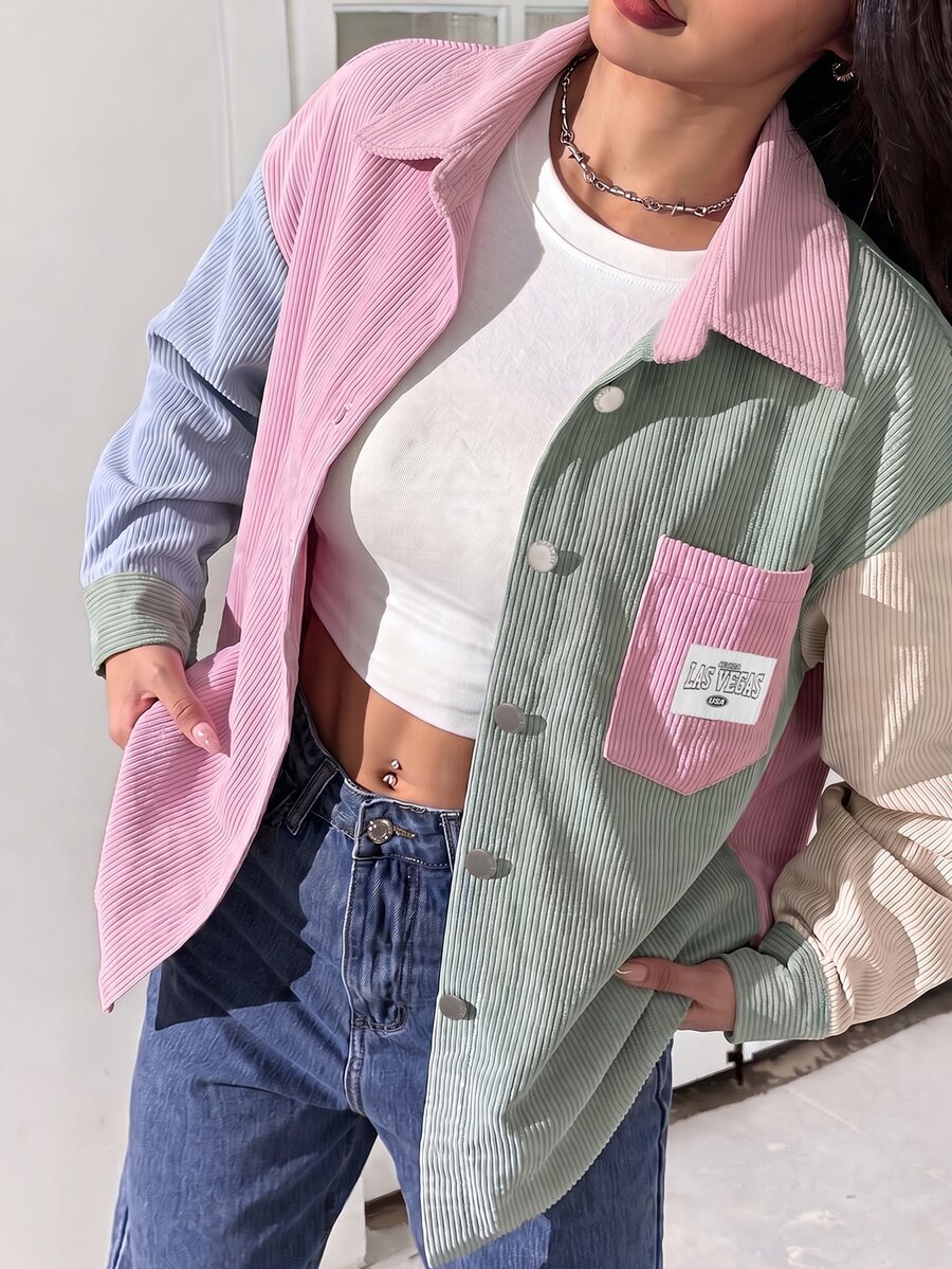 SHEIN EZwear Plus Size Colorblock Long Sleeve Pocket Denim Patch-Down Shirt Fall - Multicolor - View 1