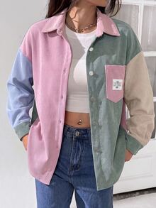 SHEIN EZwear Plus Size Colorblock Long Sleeve Pocket Denim Patch-Down Shirt Fall - Multicolor - View 6