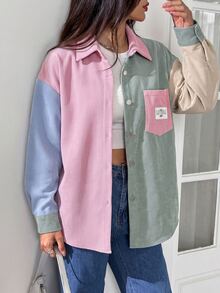 SHEIN EZwear Plus Size Colorblock Long Sleeve Pocket Denim Patch-Down Shirt Fall - Multicolor - View 3