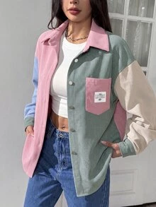 SHEIN EZwear Plus Size Colorblock Long Sleeve Pocket Denim Patch-Down Shirt Fall - Multicolor - View 4