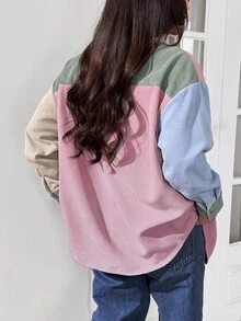 SHEIN EZwear Plus Size Colorblock Long Sleeve Pocket Denim Patch-Down Shirt Fall - Multicolor - View 2