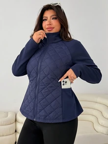 SHEIN EZwear 秋冬大尺碼修身彈性口袋拼接夾克家居旅行休閒寬鬆款 - 藏蓝色 - 查看 6