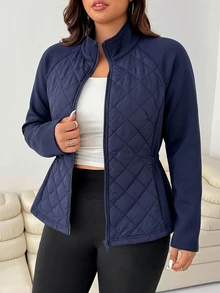 SHEIN EZwear 秋冬大尺碼修身彈性口袋拼接夾克家居旅行休閒寬鬆款 - 藏蓝色 - 查看 5