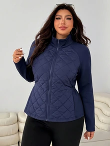 SHEIN EZwear 秋冬大尺碼修身彈性口袋拼接夾克家居旅行休閒寬鬆款 - 藏蓝色 - 查看 3
