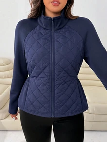 SHEIN EZwear 秋冬大尺碼修身彈性口袋拼接夾克家居旅行休閒寬鬆款 - 藏蓝色 - 查看 1