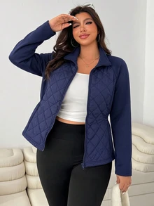 SHEIN EZwear 秋冬大尺碼修身彈性口袋拼接夾克家居旅行休閒寬鬆款 - 藏蓝色 - 查看 7