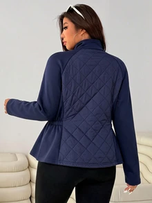 SHEIN EZwear 秋冬大尺碼修身彈性口袋拼接夾克家居旅行休閒寬鬆款 - 藏蓝色 - 查看 2