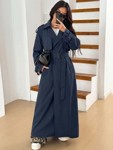 SHEIN EZwear Plus Size Women's Solid Color Double-Breasted Long Sleeve Casual Elegant Business Casual Trench Coat Jacket, Spring/Autumn Fall Office Formal - Navy Blue - View 6